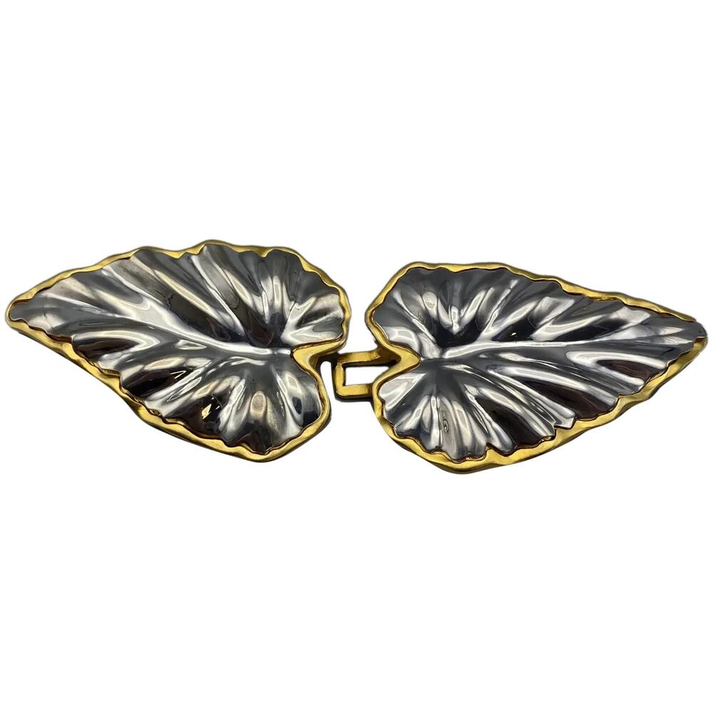 Vintage 1990s Doreen‎ Ryan Two Tone Statement Belt Buckle Leaves DR 93